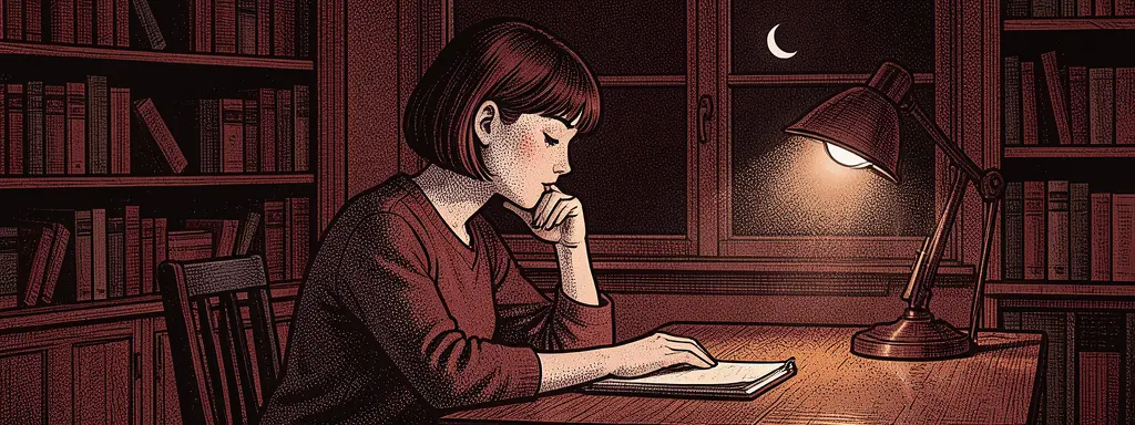 深夜書房:女子托腮凝眸、窗外單月與枱燈——盤後深讀